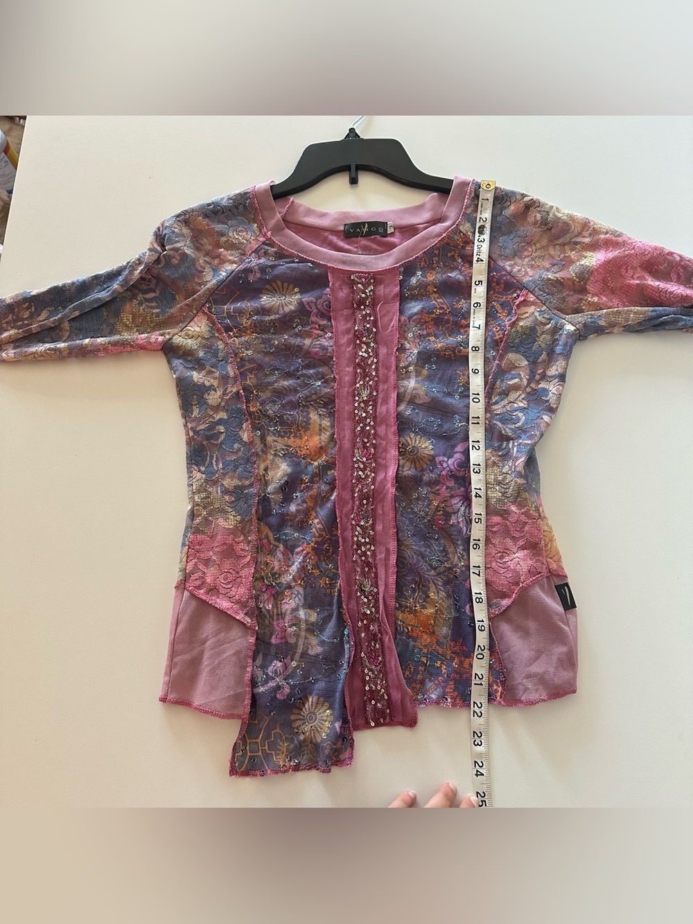 NEW Vintage Y2K Vango Paris Patchwork Lace Fairycore Blouse Sequin Sheer Pink - Picture 5 of 8